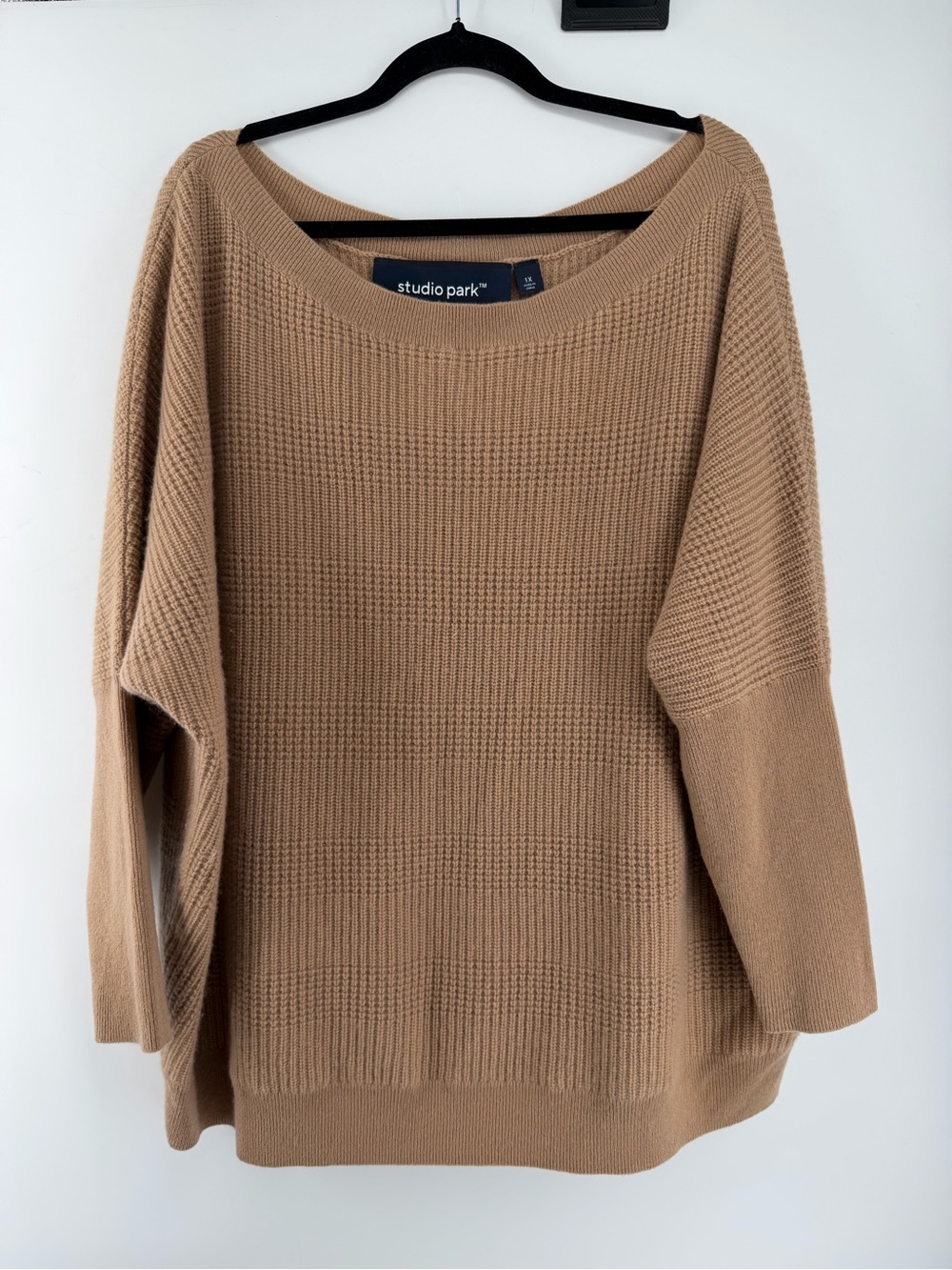Studio Park Womens 1X Sweater Camel Tan 100% Cashmere Waffle Knit Plus Size⁠
